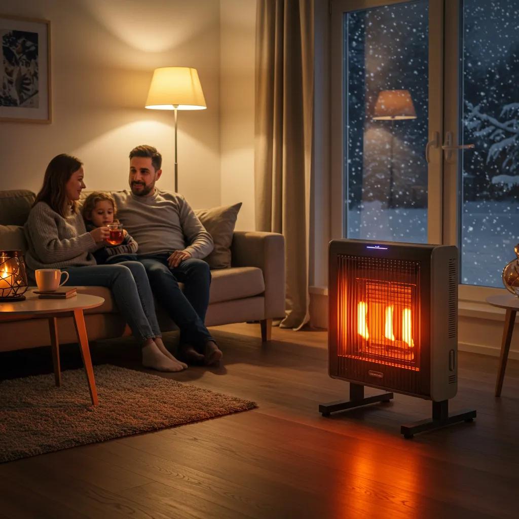 Family enjoying warmth from a modern heater in a cozy living room during winter