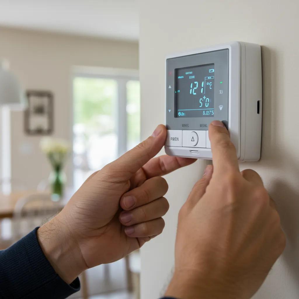 A person adjusting a digital thermostat in a comfortable home setting