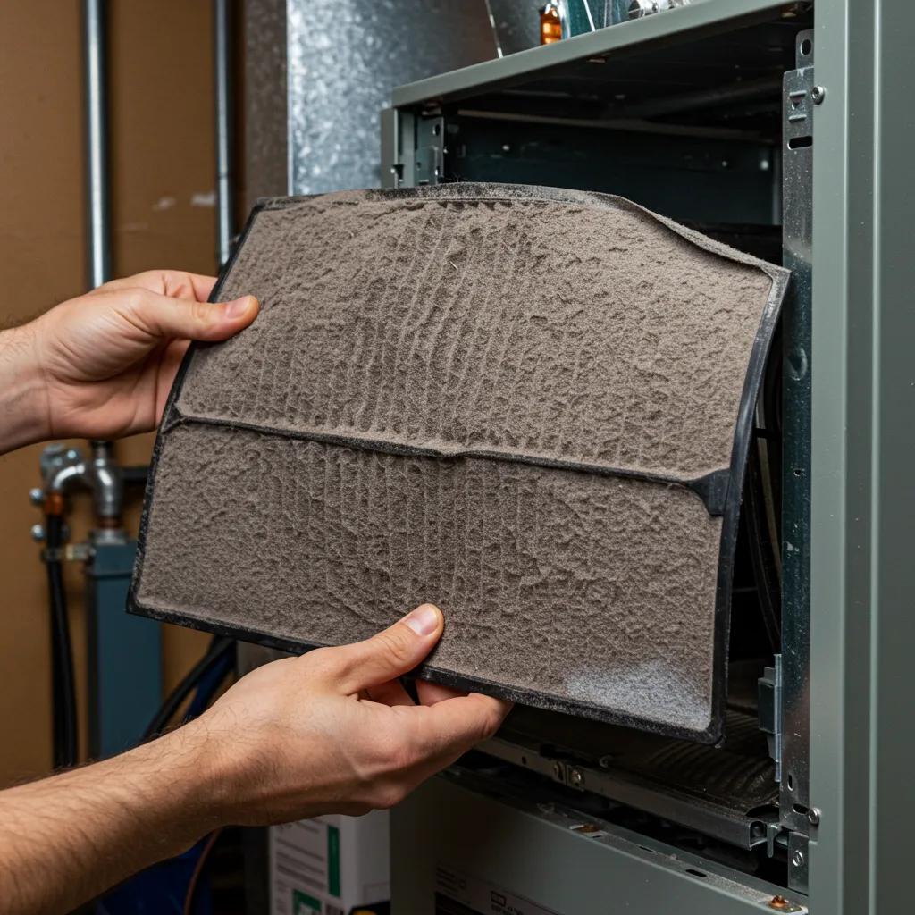 A person replacing a dirty air filter in a furnace to improve heating efficiency