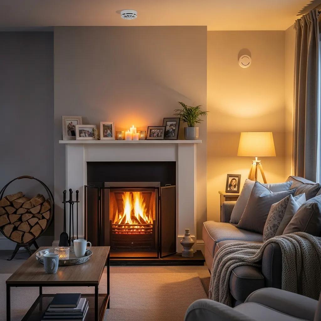 Cozy living room with a fireplace, showcasing safety devices and seasoned firewood