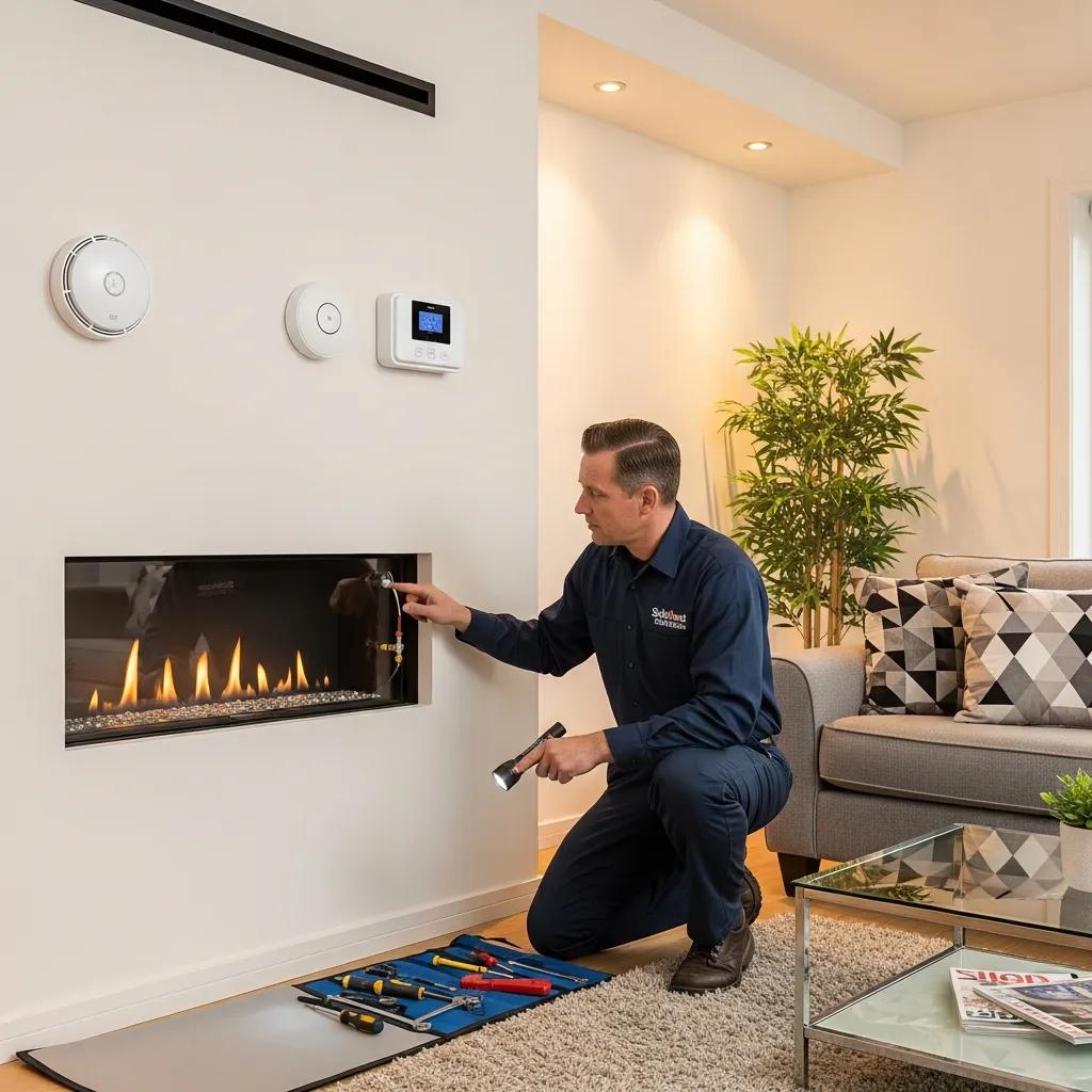 Maximize Safety with Expert Fireplace Safety Tips Today 3 Modern gas fireplace with carbon monoxide detector nearby, illustrating safe maintenance
