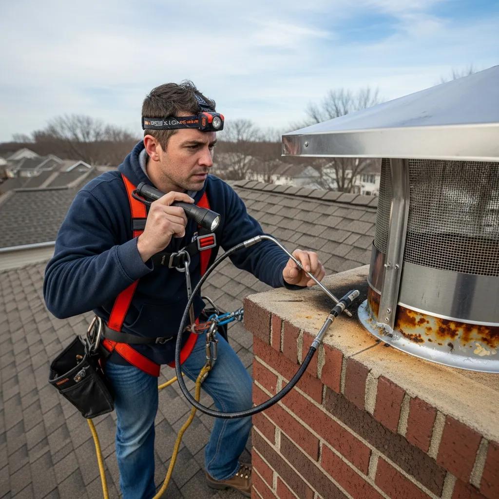 Maximize Safety with Expert Fireplace Safety Tips Today 2 Technician inspecting a chimney and fireplace, focusing on safety and maintenance