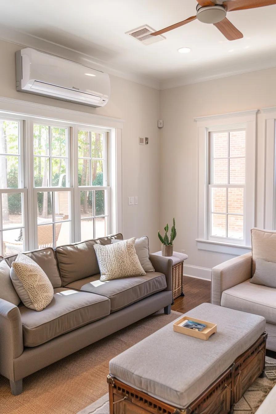 Multi‑zone ductless heat‑pump system in a comfortable Charlottesville living room showing indoor units and the outdoor compressor