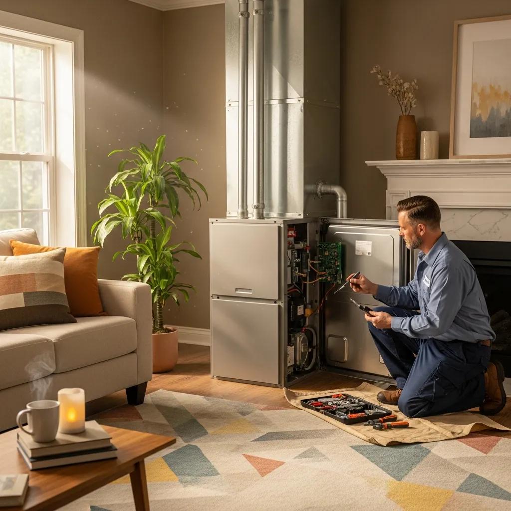 HVAC Blog 1 Modern furnace system being serviced in a cozy living room, highlighting the importance of annual maintenance
