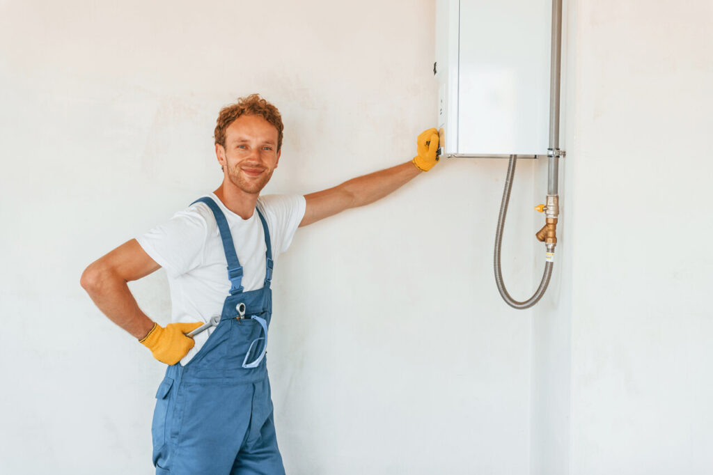 Repairing Water Heater Young Man Working In Uniform At Construction At Daytime